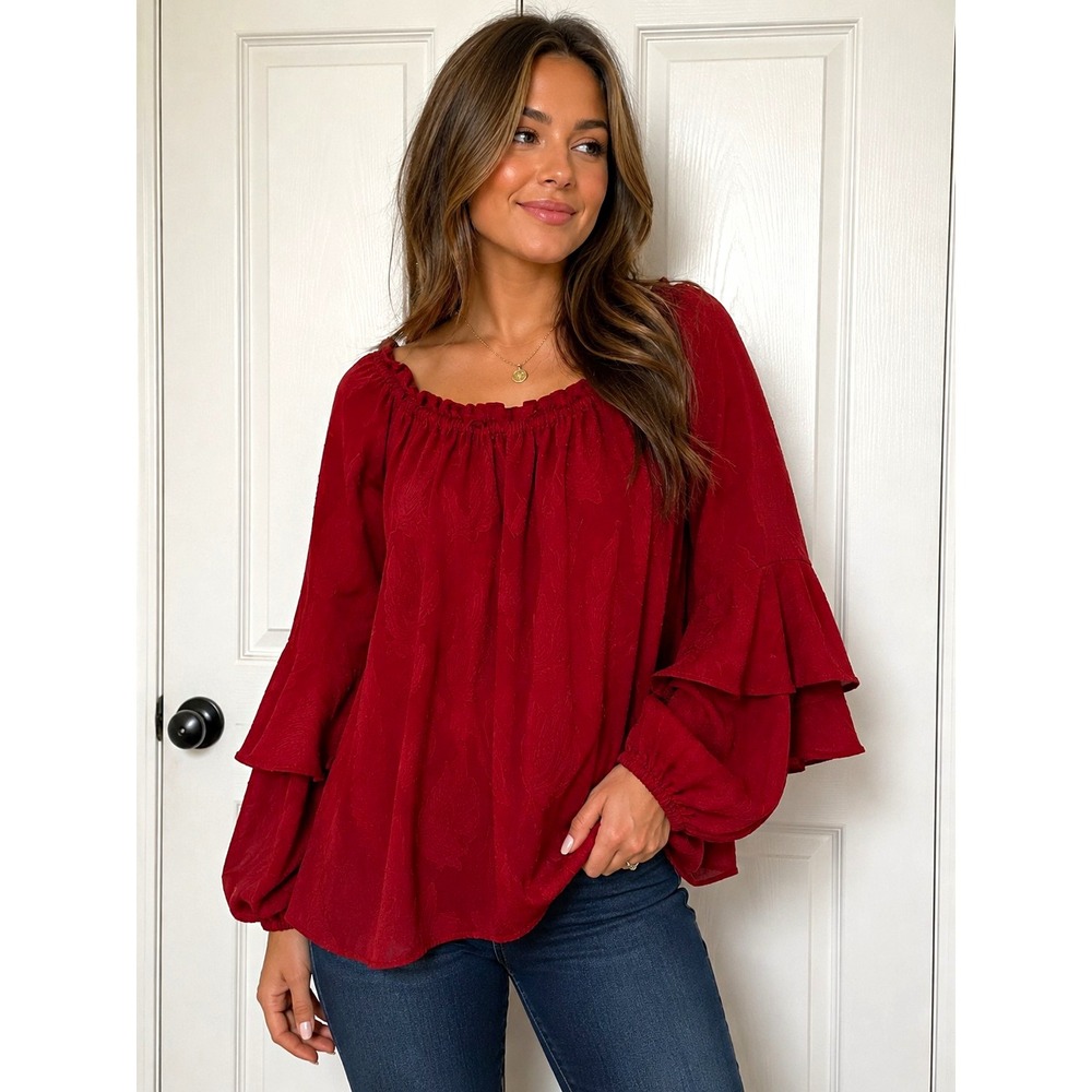 Michael Kors Women's S Red Maroon Floral Off Shoulder Bell Sleeve Ruffle Blouse